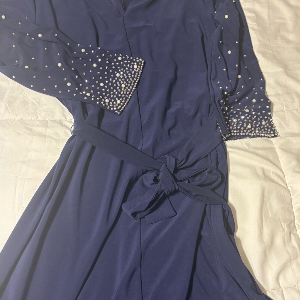 Chaus Navy Dress with Pearl Sleeve Detail